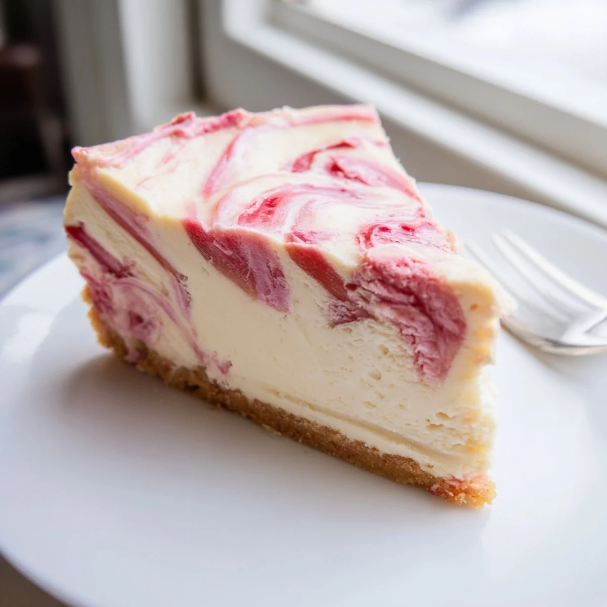 A chilled keto rhubarb cheesecake garnished with lemon zest beside a steaming coffee cup