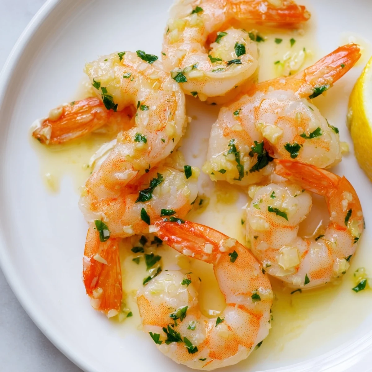 Golden buttered shrimp glistening in garlicky butter sauce with fresh parsley and lemon wedges on a rustic plate