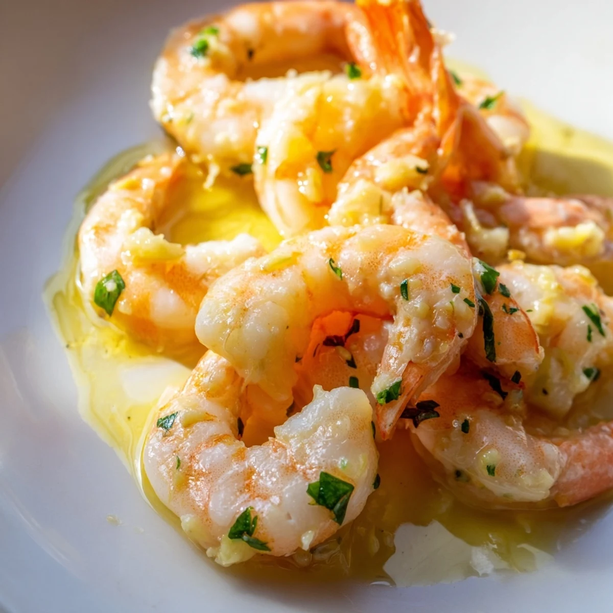Plump buttered shrimp coated in a silky garlic butter sauce garnished with chopped parsley and crusty bread
