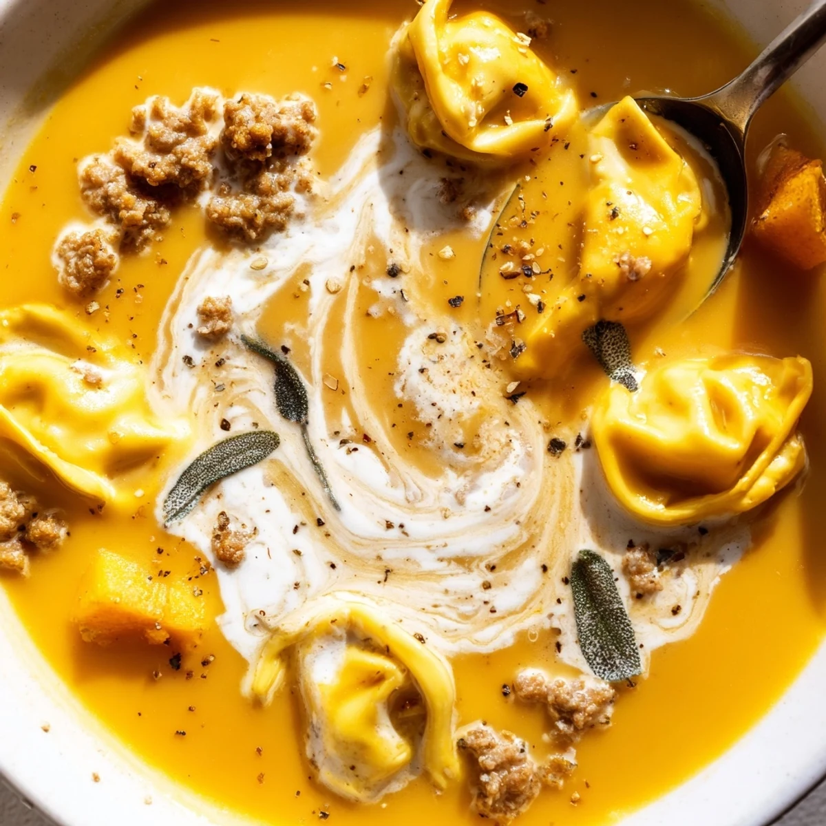 Creamy butternut squash sausage tortellini soup with golden sage cheese swirl in rustic bowl
