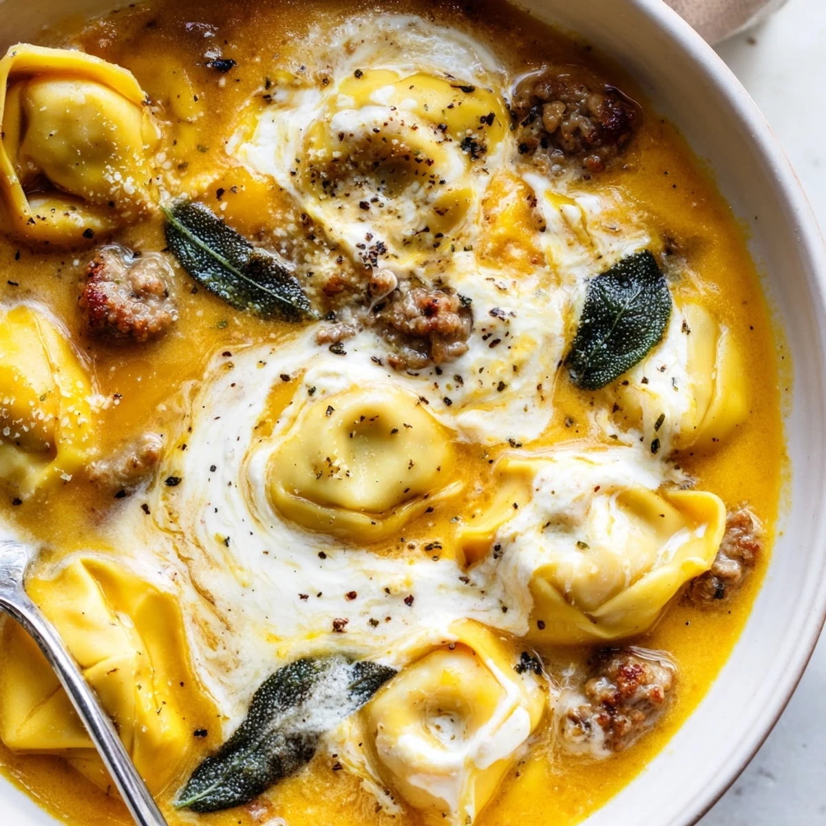 Steaming bowl of butternut squash sausage tortellini soup topped with melted sage cheese