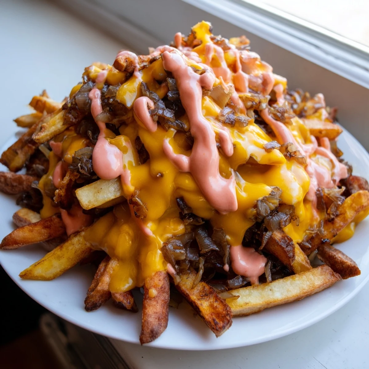 Crispy Animal Style Fries loaded with melted cheese and caramelized onions