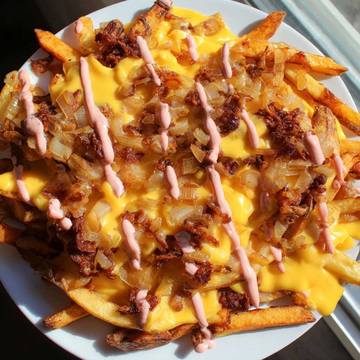 Golden Animal Style Fries topped with tangy sauce and gooey cheese