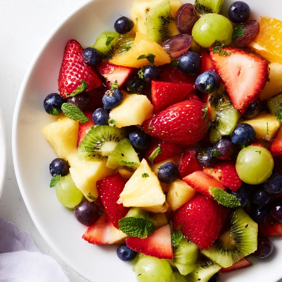 Colorful fruit bowl with glistening strawberries, blueberries, and kiwi tossed in a bright honey mint dressing