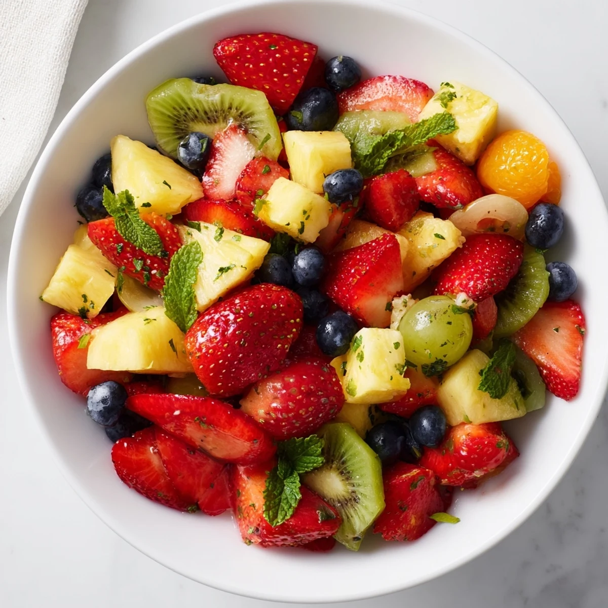 Fresh fruit bowl served in a rustic white bowl bursting with seasonal berries and citrus segments
