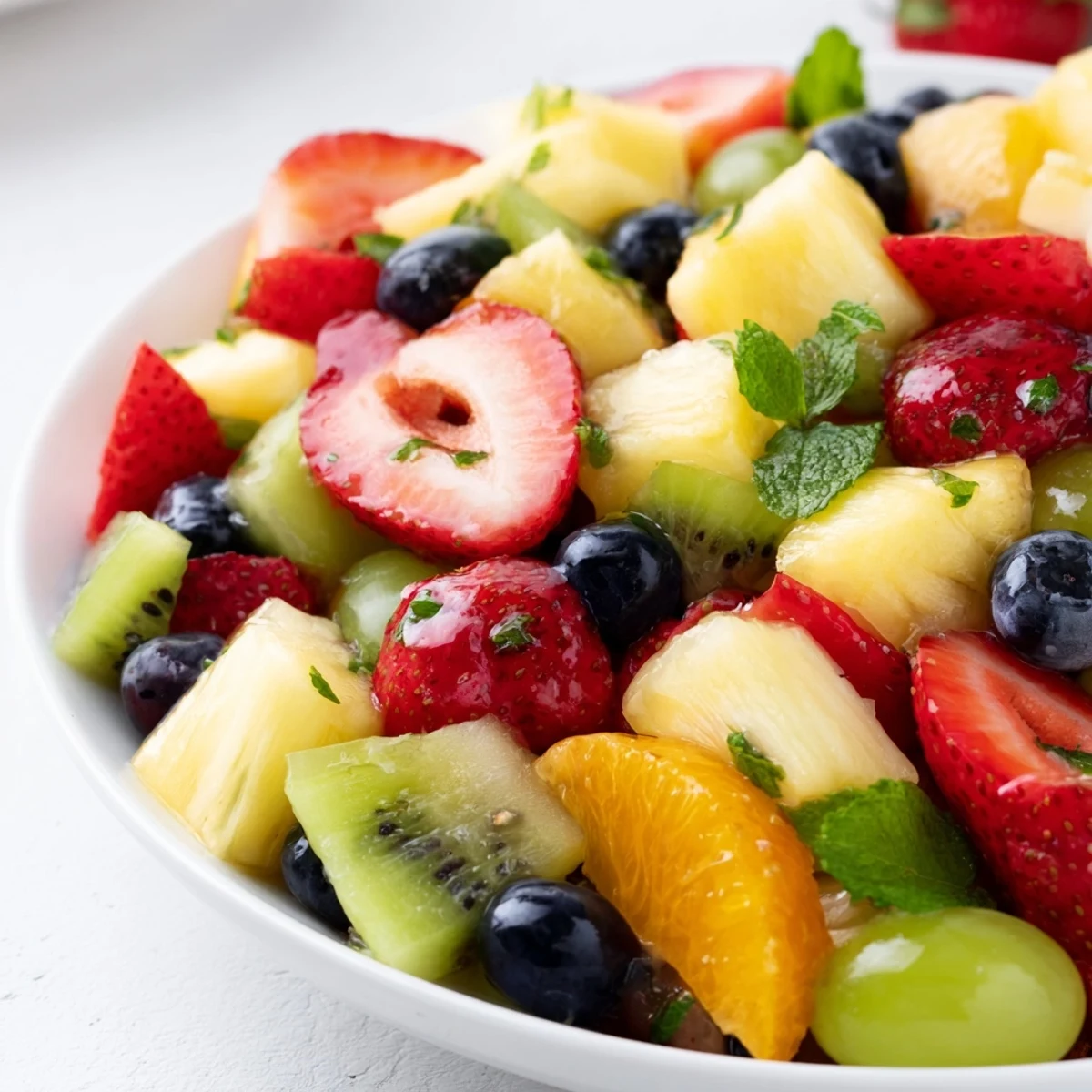 Vibrant fruit bowl arranged on a wooden table showcasing ripe pineapple, grapes, and juicy red strawberries