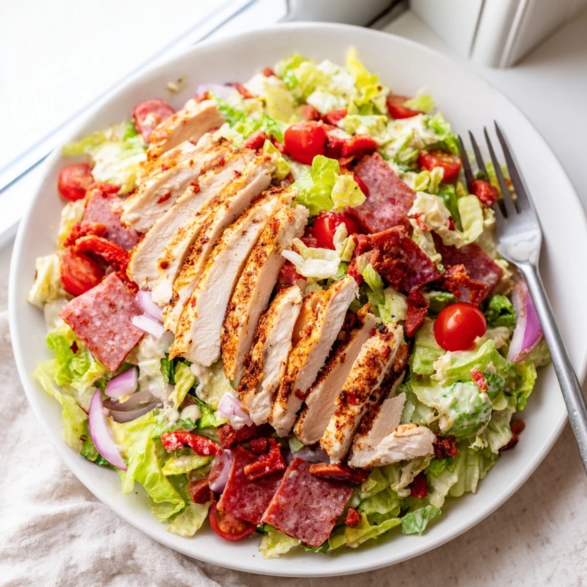 A fresh bowl of Italian Grinder Chicken Salad topped with sliced chicken and deli meats.
