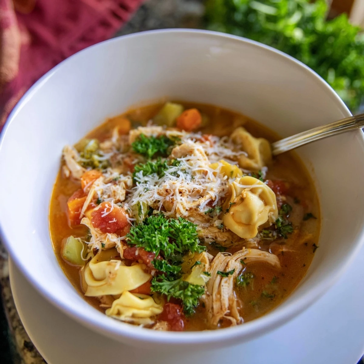 Bowl of cheesy Chicken Tortellini garnished with fresh parsley and Parmesan on a rustic table.