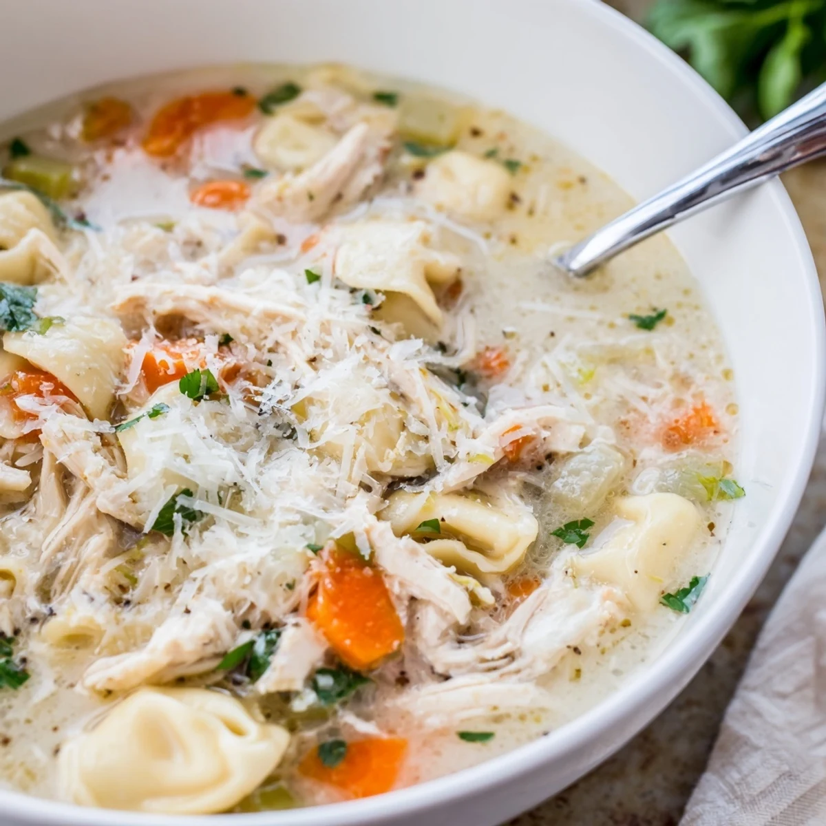 Creamy Crockpot Chicken Tortellini soup with spinach and tender shredded chicken in a slow cooker.