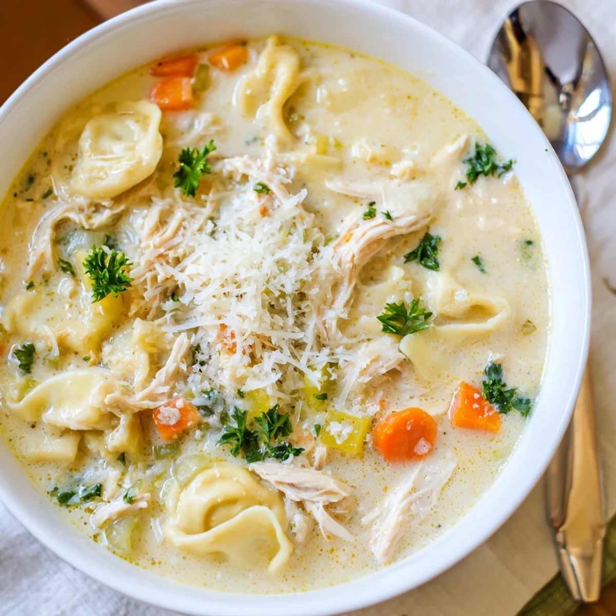 Savory slow-cooked Chicken Tortellini with carrots, celery, and spinach in a rich broth.