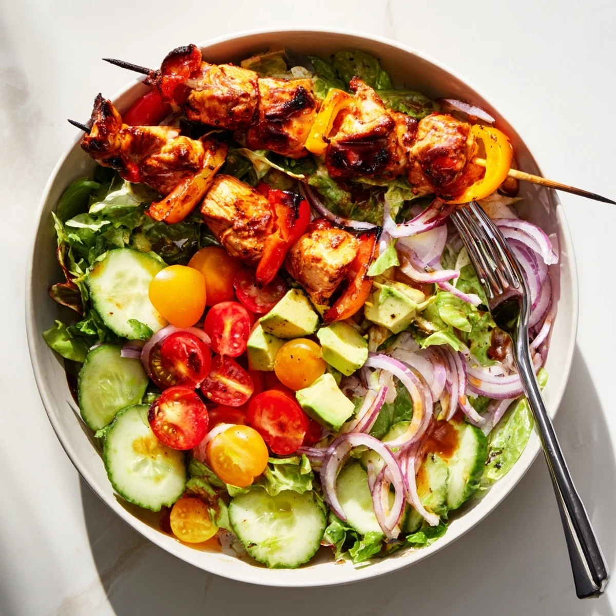 Colorful BBQ chicken skewer salad featuring grilled chicken over fresh greens and crisp vegetables.