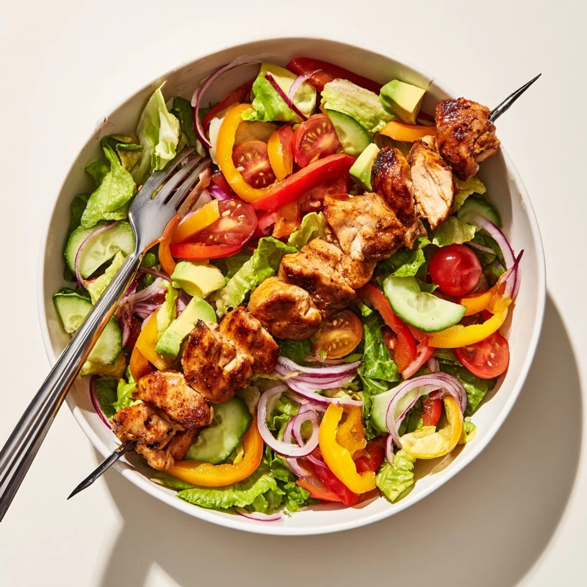Juicy BBQ chicken skewers resting on a bed of mixed salad greens and veggies.