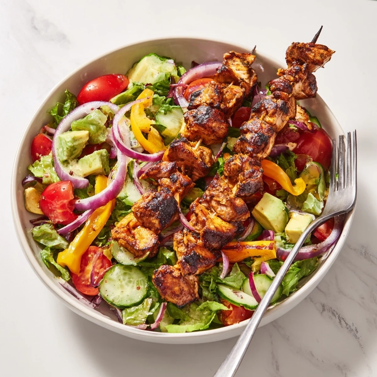 Summer BBQ chicken skewer salad drizzled with zesty dressing and topped with ripe avocado.