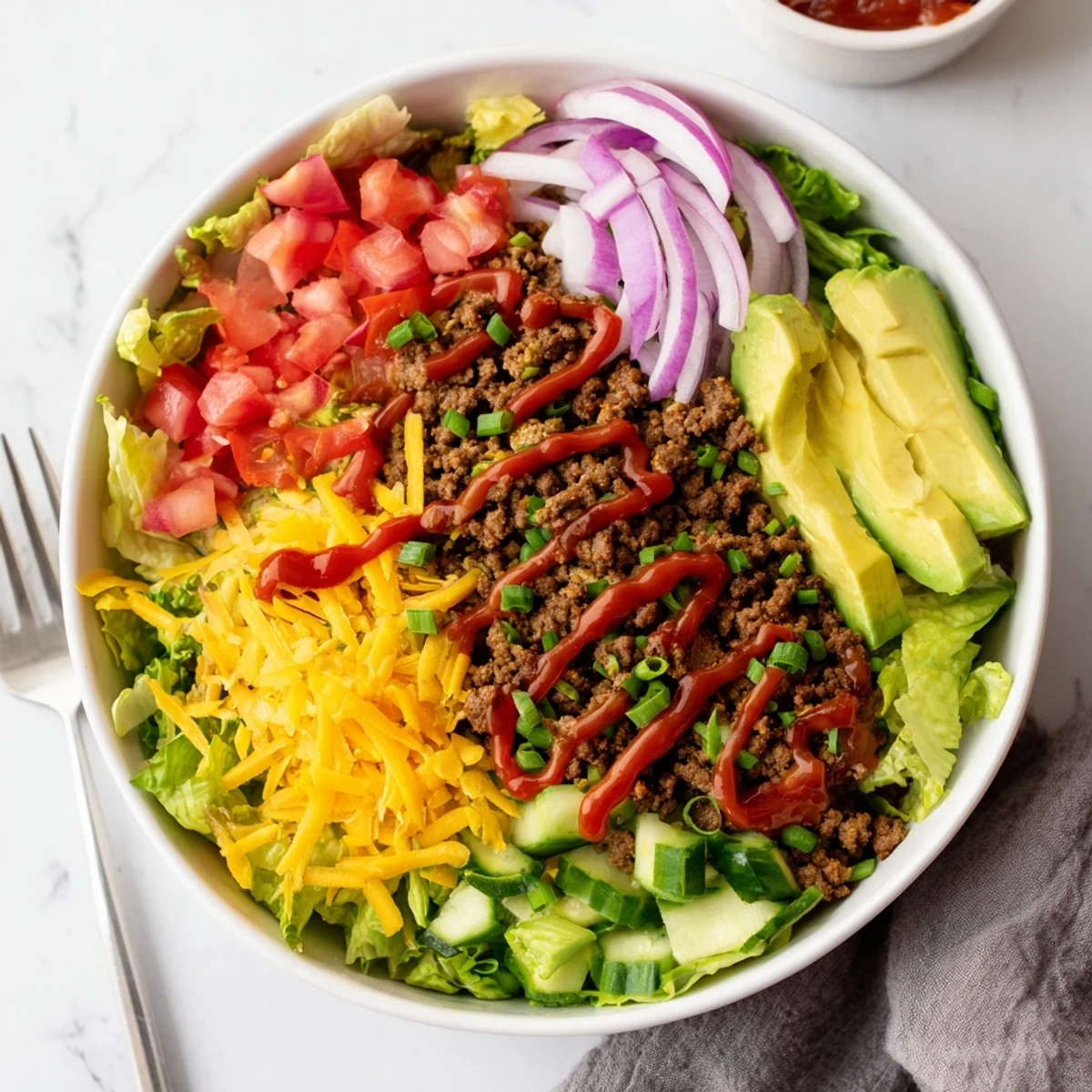 Delicious burger bowl featuring ground beef, crisp lettuce, and savory sauces.