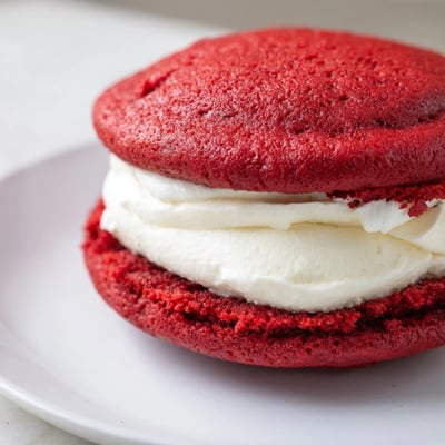 Freshly baked red velvet whoopie pies, their soft cookies and white marshmallow cream visible.  
