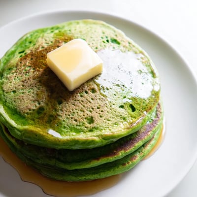 Stack of fluffy Green Pancakes with Maple Syrup and Butter, served hot for a healthy vegetarian breakfast.