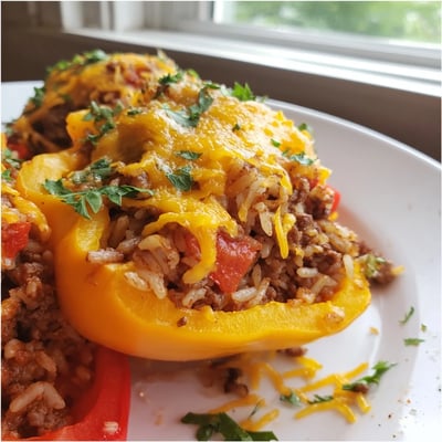 Plump Creole Stuffed Peppers with Rice and Beef, bubbling with spicy tomato filling and fresh parsley garnish.