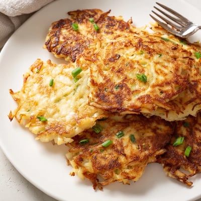 A close-up of freshly fried Irish Boxty Potato Pancakes with Scallions, topped with sour cream and extra green onions, ready to serve.  