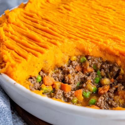 A comforting Beef Shepherds Pie with Sweet Potato Topping is ready to serve, perfect for a family dinner.