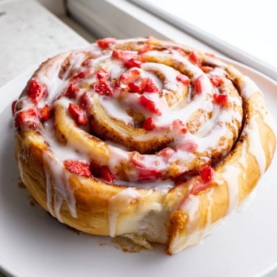 Warm Strawberry Cheesecake Cinnabon Rolls pulled apart revealing swirled cream cheese and strawberry filling
