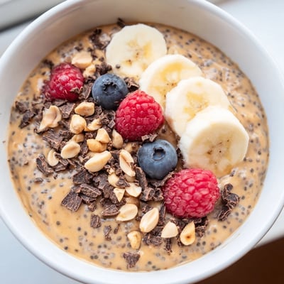 Thick peanut butter chia pudding layered with banana slices and roasted peanuts