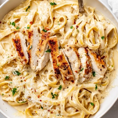 Tender chicken strips nestled in Creamy Garlic Parmesan Chicken Pasta with fresh parsley garnish