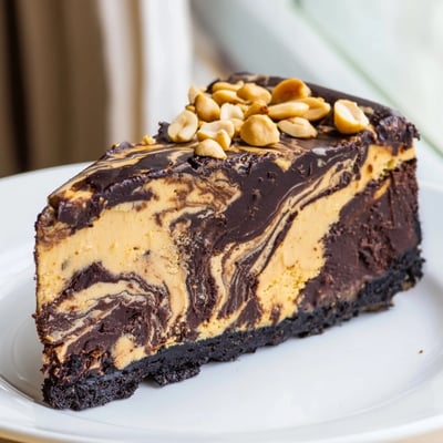 Rich chocolate peanut butter cheesecake with glossy ganache dripping down each slice