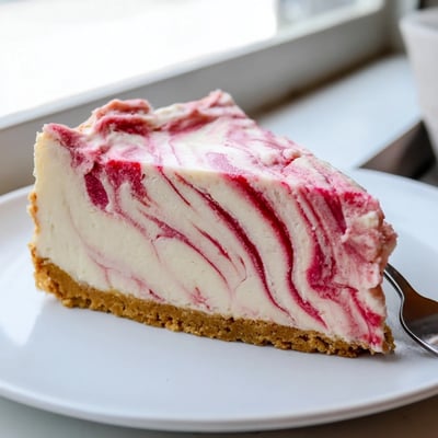Tangy pink rhubarb swirls winding through a smooth low-carb cheesecake topped with fresh slices