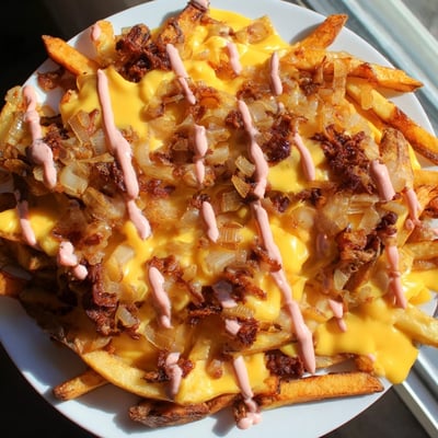 Golden Animal Style Fries topped with tangy sauce and gooey cheese