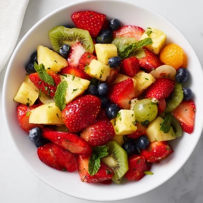 Fresh fruit bowl served in a rustic white bowl bursting with seasonal berries and citrus segments